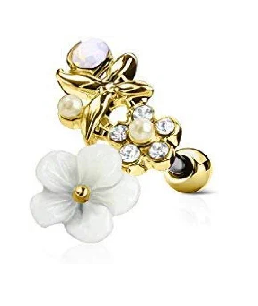 Surgical Steel CZ and Clay Flowers Curve Top Ear Cartilage Barbell Studs Cartilage Earring Impulse Piercings Gold