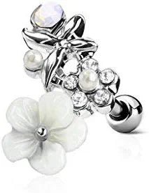 Surgical Steel CZ and Clay Flowers Curve Top Ear Cartilage Barbell Studs Cartilage Earring Impulse Piercings Steel