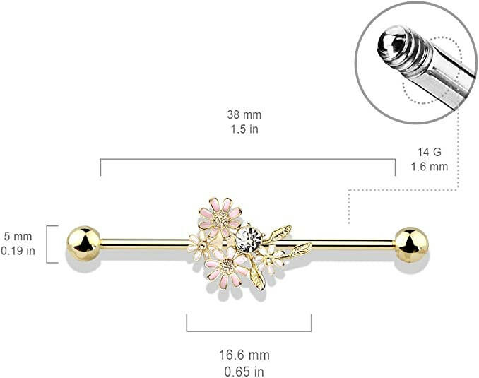 Surgical Steel CZ and Enamel Flower Bouquet Industrial Barbell Industrial Barbell Impulse Piercings