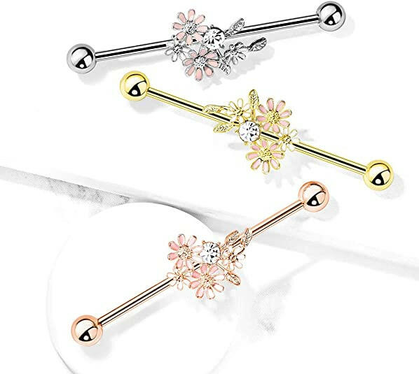 Surgical Steel CZ and Enamel Flower Bouquet Industrial Barbell Industrial Barbell Impulse Piercings