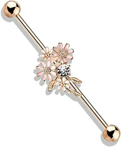 Surgical Steel CZ and Enamel Flower Bouquet Industrial Barbell Industrial Barbell Impulse Piercings Rose Gold