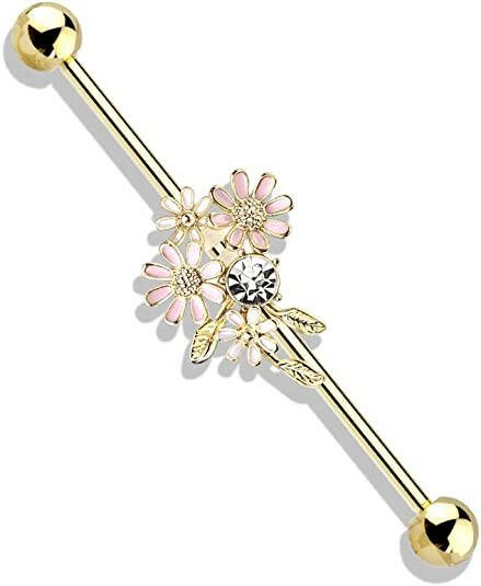 Surgical Steel CZ and Enamel Flower Bouquet Industrial Barbell Industrial Barbell Impulse Piercings Gold