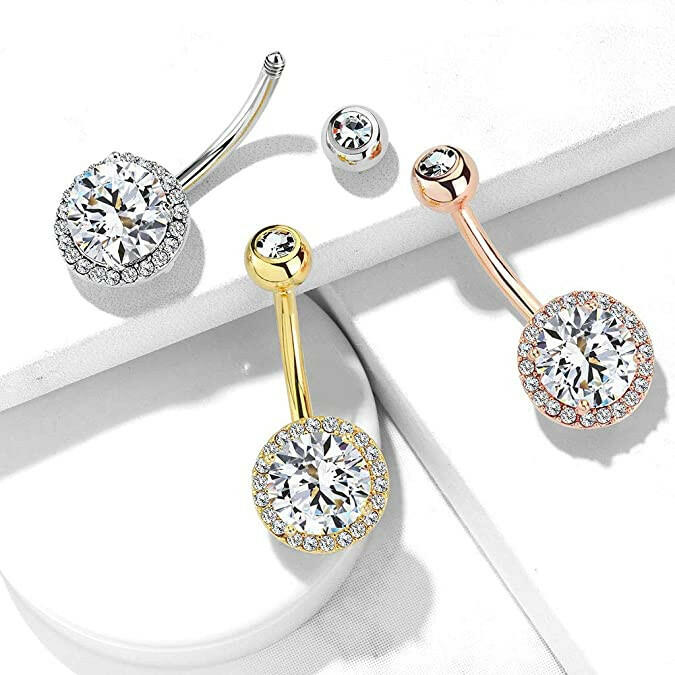 Surgical Steel CZ Around Round Prong CZ Center Double Tier Belly Navel Ring Navel Ring Impulse Piercings