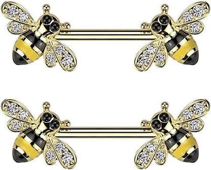 Surgical Steel CZ Bee End Nipple Barbell Rings Nipple Ring Impulse Piercings Gold