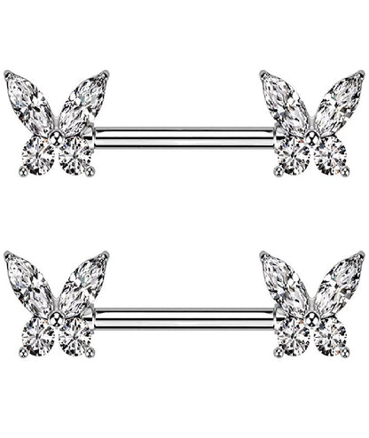 Surgical Steel CZ Butterfly End Nipple Barbell Rings Nipple Ring Impulse Piercings Clear