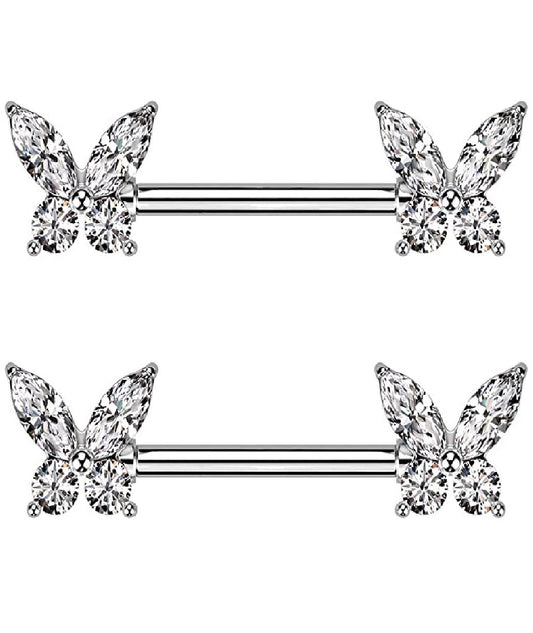 Surgical Steel CZ Butterfly End Nipple Barbell Rings Nipple Ring Impulse Piercings Clear