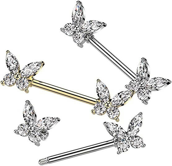 Surgical Steel CZ Butterfly End Nipple Barbell Rings Nipple Ring Impulse Piercings