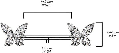 Surgical Steel CZ Butterfly End Nipple Barbell Rings Nipple Ring Impulse Piercings