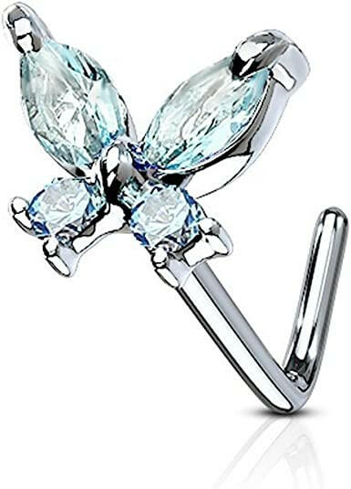 Surgical Steel CZ Butterfly L Bend Nose Rings Nose Ring Impulse Piercings Aqua