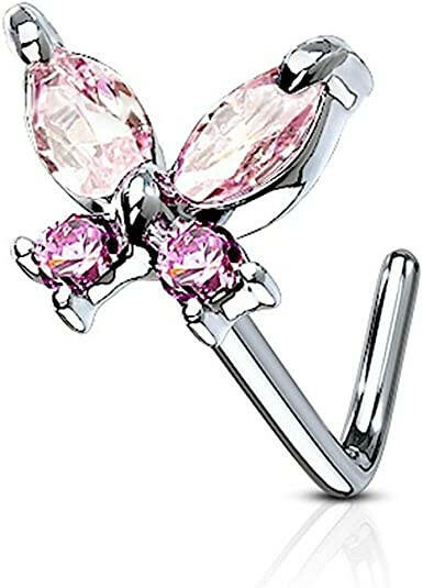 Surgical Steel CZ Butterfly L Bend Nose Rings Nose Ring Impulse Piercings Pink