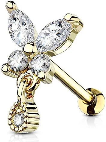 Surgical Steel CZ Butterfly with tear Drop Dangle Ear Cartilage Tragus Barbell Studs Cartilage Earring Impulse Piercings Gold