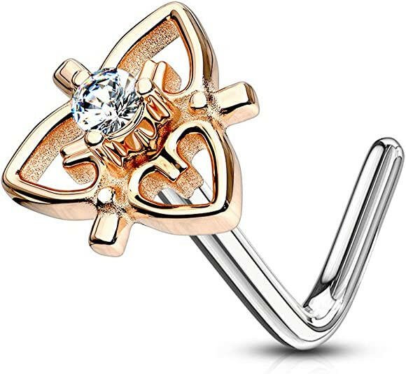 Surgical Steel CZ Center Heart Filigree Top L Bend Nose Rings Nose Ring Impulse Piercings Rose Gold