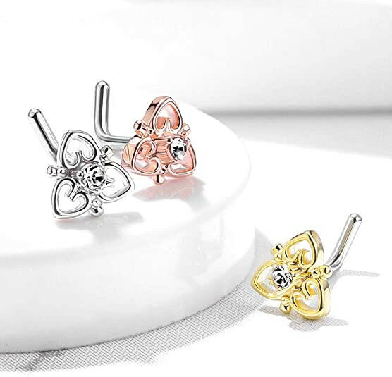 Surgical Steel CZ Center Heart Filigree Top L Bend Nose Rings Nose Ring Impulse Piercings