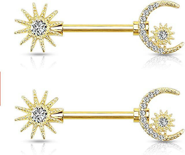 Surgical Steel CZ Center Sun and CZ Paved Crescent Moon and Star Nipple Barbell Rings Nipple Ring Impulse Piercings Gold