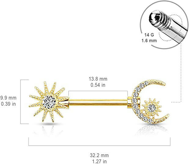 Surgical Steel CZ Center Sun and CZ Paved Crescent Moon and Star Nipple Barbell Rings Nipple Ring Impulse Piercings