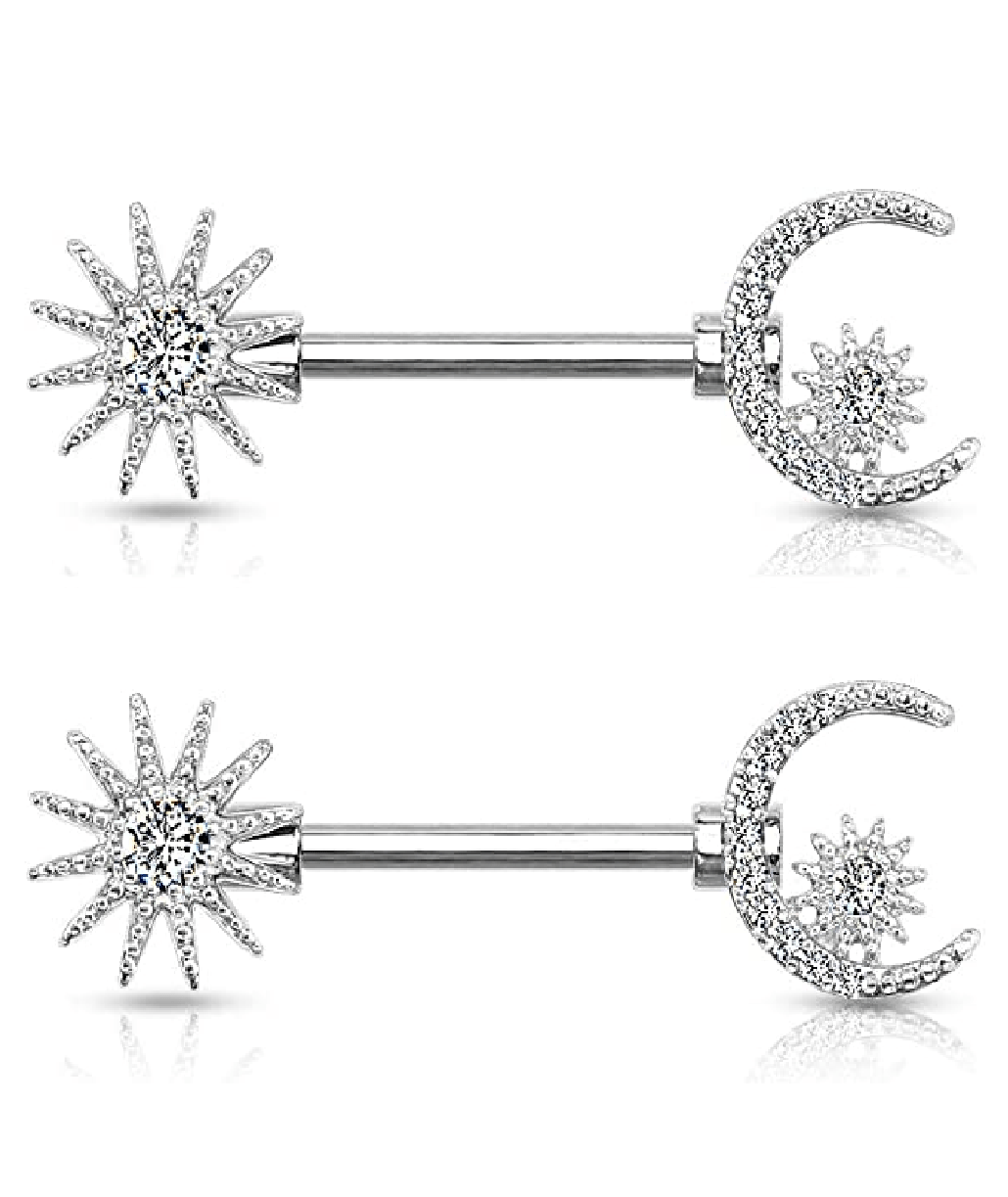 Surgical Steel CZ Center Sun and CZ Paved Crescent Moon and Star Nipple Barbell Rings Nipple Ring Impulse Piercings Clear