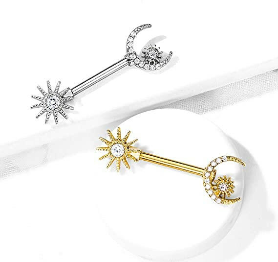 Surgical Steel CZ Center Sun and CZ Paved Crescent Moon and Star Nipple Barbell Rings Nipple Ring Impulse Piercings