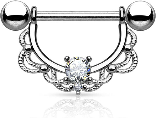 Surgical Steel CZ Centered Filigree Drop Nipple Shield Rings Nipple Ring Impulse Piercings 16GA Length: 16mm Clear