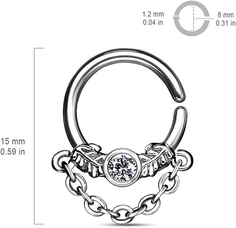 Surgical Steel CZ Centered Leaf with Chain Dangle Bendable Septum Cartilage Hoop Rings Nose Ring Impulse Piercings