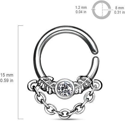 Surgical Steel CZ Centered Leaf with Chain Dangle Bendable Septum Cartilage Hoop Rings Nose Ring Impulse Piercings