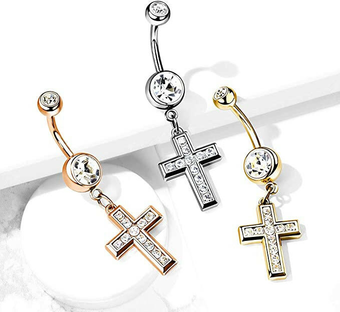 Surgical Steel CZ Cross Dangle With Jeweled Belly Navel Ring Navel Ring Impulse Piercings