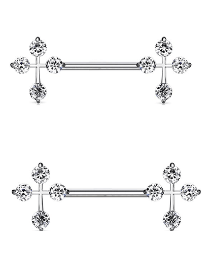 Surgical Steel CZ Cross Ends Nipple Barbell Rings Nipple Ring Impulse Piercings Clear