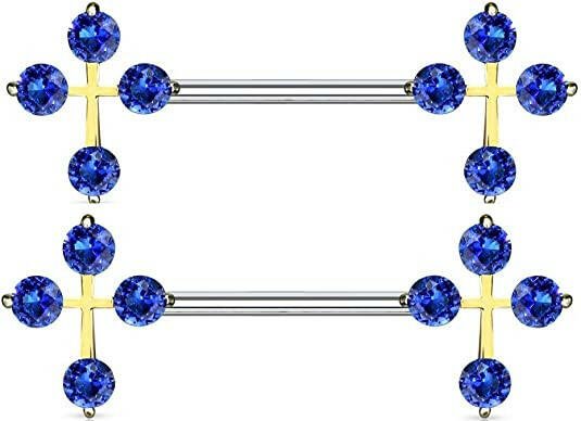 Surgical Steel CZ Cross Ends Nipple Barbell Rings Nipple Ring Impulse Piercings Gold