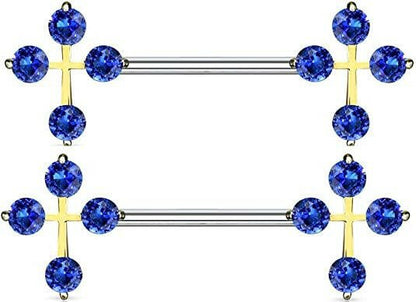 Surgical Steel CZ Cross Ends Nipple Barbell Rings Nipple Ring Impulse Piercings Gold