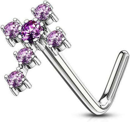 Surgical Steel CZ Cross L Shaped Nose Ring Nose Ring Impulse Piercings Tanzanite