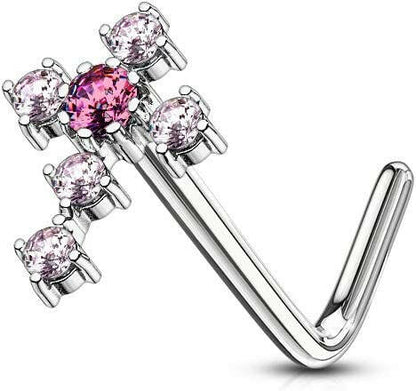 Surgical Steel CZ Cross L Shaped Nose Ring Nose Ring Impulse Piercings Pink