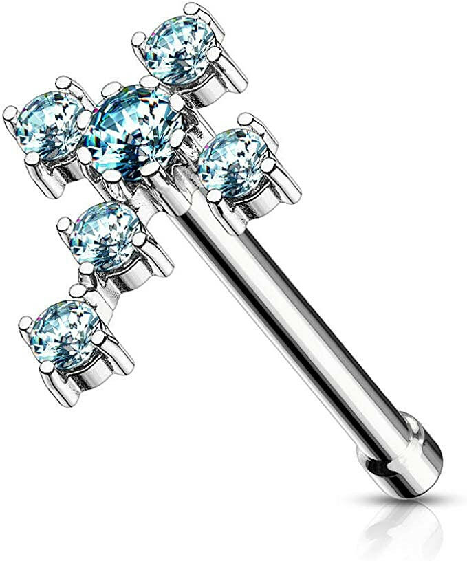 Surgical Steel CZ Cross Nose Bone Stud Rings Nose Ring Impulse Piercings Aqua