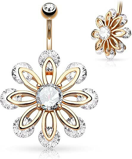 Surgical Steel CZ Ends 8 Petal Flower with Round CZ Center Belly Navel Ring Navel Ring Impulse Piercings Rose Gold