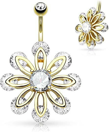 Surgical Steel CZ Ends 8 Petal Flower with Round CZ Center Belly Navel Ring Navel Ring Impulse Piercings Gold