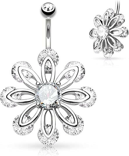 Surgical Steel CZ Ends 8 Petal Flower with Round CZ Center Belly Navel Ring Navel Ring Impulse Piercings Clear