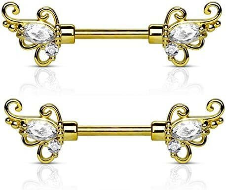 Surgical Steel CZ Floral Filigree Ends Nipple Barbell Rings Nipple Ring Impulse Piercings Gold