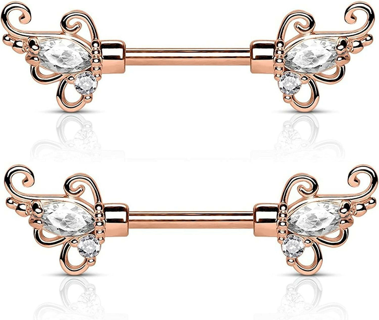 Surgical Steel CZ Floral Filigree Ends Nipple Barbell Rings Nipple Ring Impulse Piercings Rose Gold