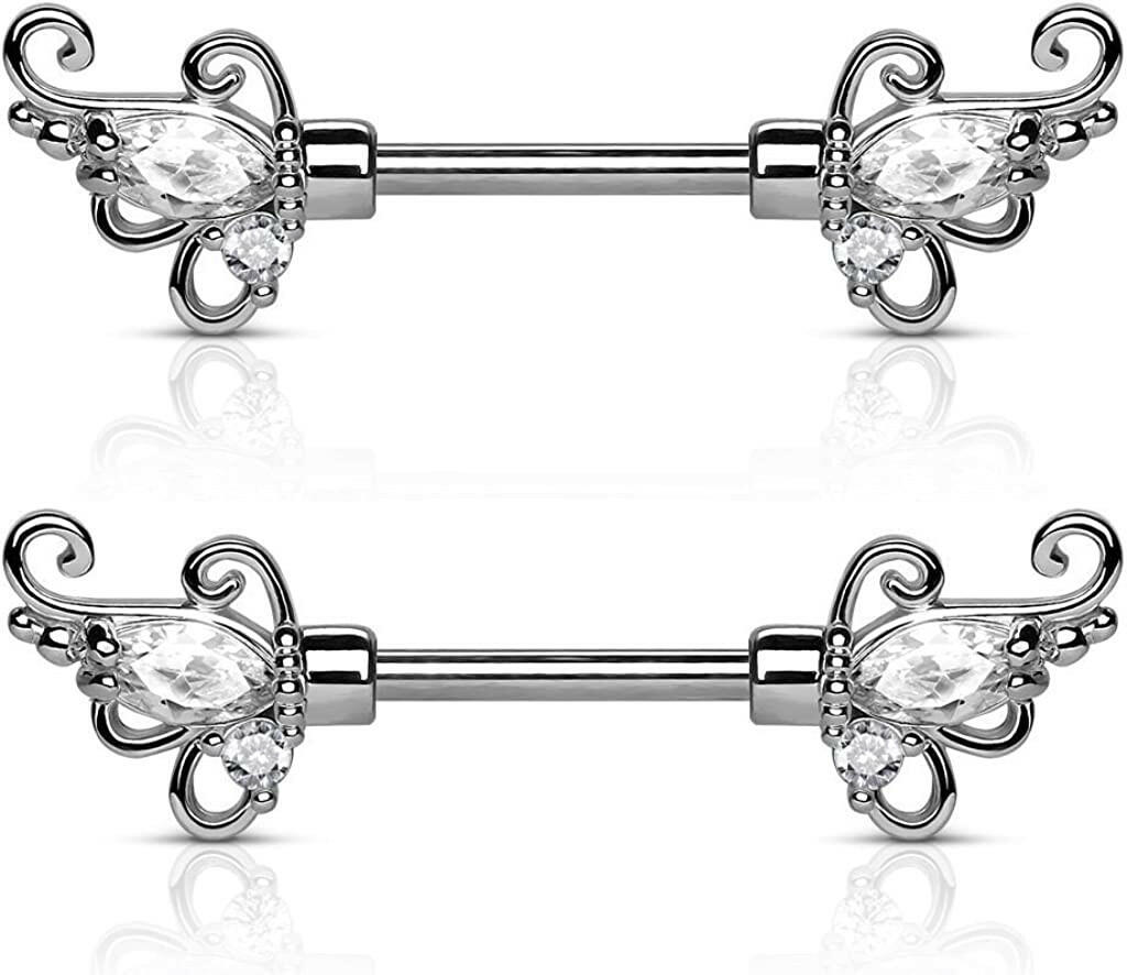 Surgical Steel CZ Floral Filigree Ends Nipple Barbell Rings Nipple Ring Impulse Piercings Clear