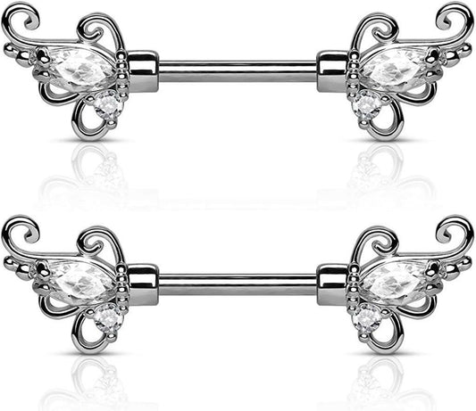 Surgical Steel CZ Floral Filigree Ends Nipple Barbell Rings Nipple Ring Impulse Piercings Clear