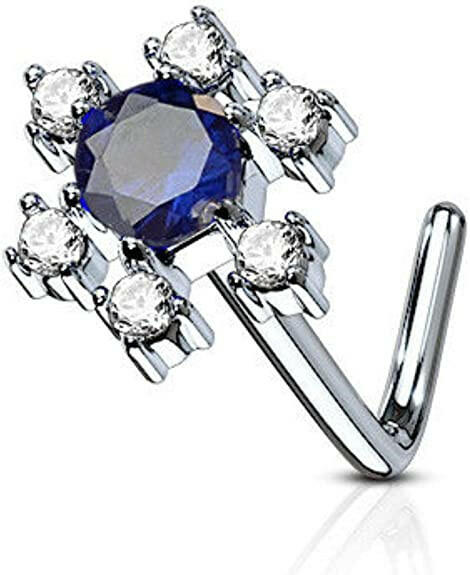 Surgical Steel CZ Flower L Shaped Nose Ring Nose Ring Impulse Piercings Blue