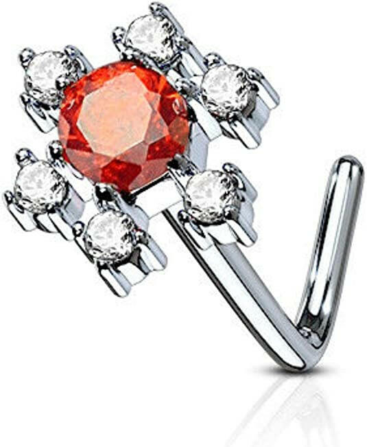 Surgical Steel CZ Flower L Shaped Nose Ring Nose Ring Impulse Piercings Red