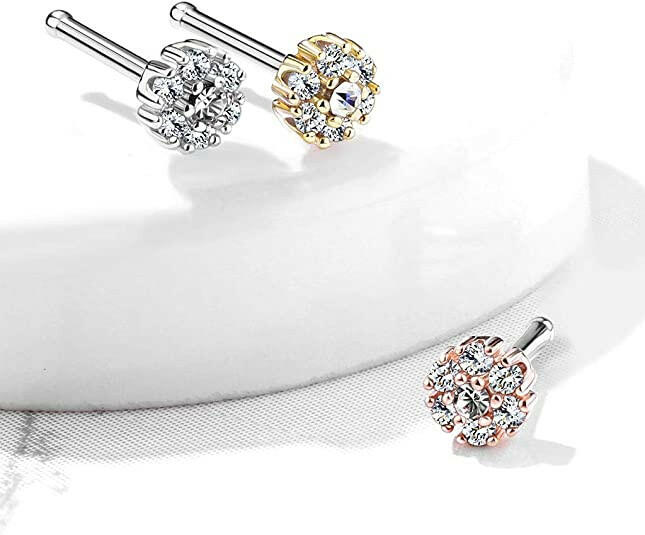 Surgical Steel CZ Flower with Double Tiered CZ Center Top Nose Bone Stud Rings Nose Ring Impulse Piercings