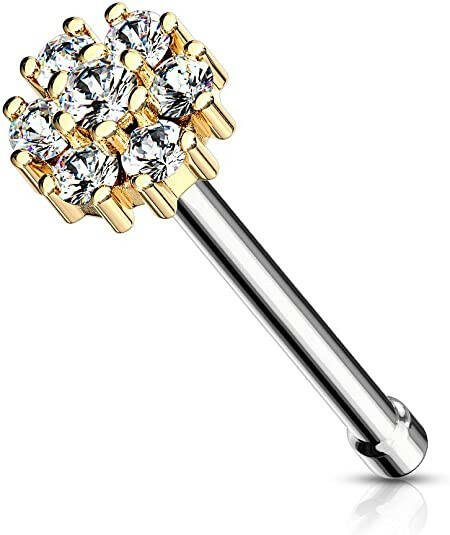 Surgical Steel CZ Flower with Double Tiered CZ Center Top Nose Bone Stud Rings Nose Ring Impulse Piercings Gold