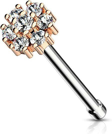 Surgical Steel CZ Flower with Double Tiered CZ Center Top Nose Bone Stud Rings Nose Ring Impulse Piercings Rose Gold