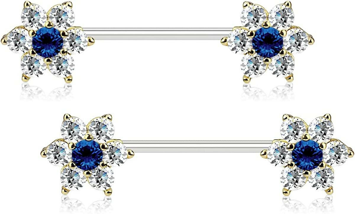 Surgical Steel CZ Flowers on Both Ends Nipple Barbell Rings Nipple Ring Impulse Piercings Gold