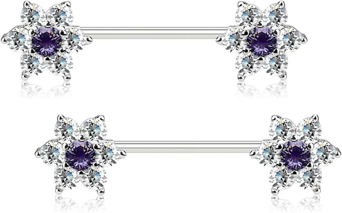 Surgical Steel CZ Flowers on Both Ends Nipple Barbell Rings Nipple Ring Impulse Piercings Tanzanite