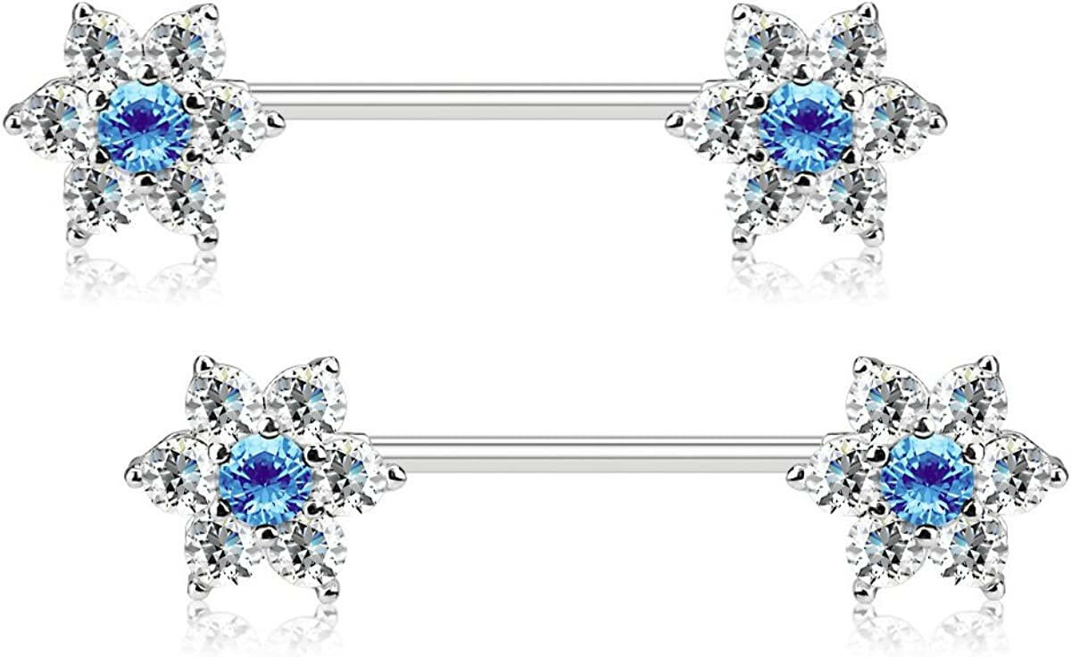 Surgical Steel CZ Flowers on Both Ends Nipple Barbell Rings Nipple Ring Impulse Piercings Aqua