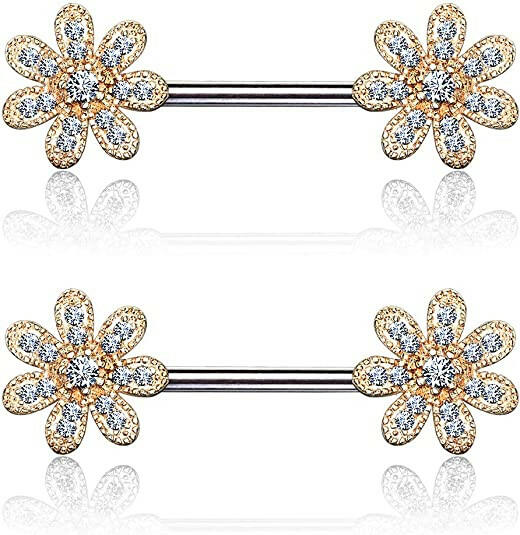 Surgical Steel CZ Gem Paved Flower Nipple Barbell Rings Nipple Ring Impulse Piercings Rose Gold