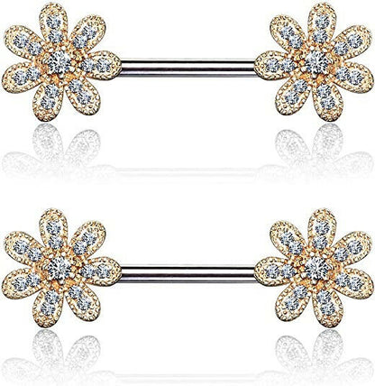 Surgical Steel CZ Gem Paved Flower Nipple Barbell Rings Nipple Ring Impulse Piercings Rose Gold