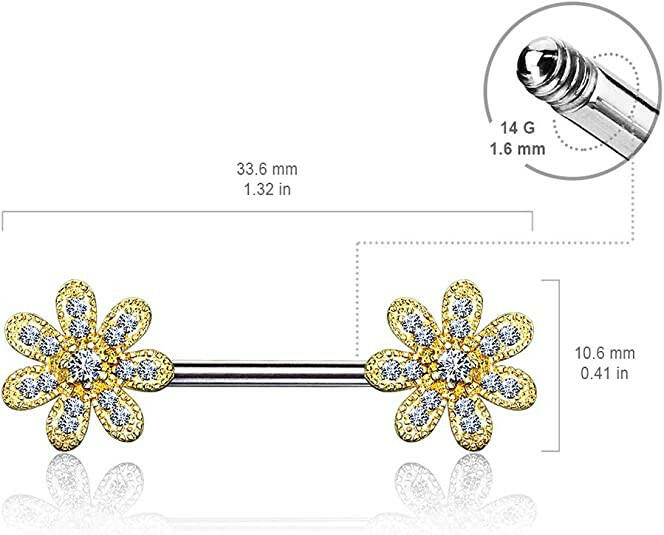 Surgical Steel CZ Gem Paved Flower Nipple Barbell Rings Nipple Ring Impulse Piercings