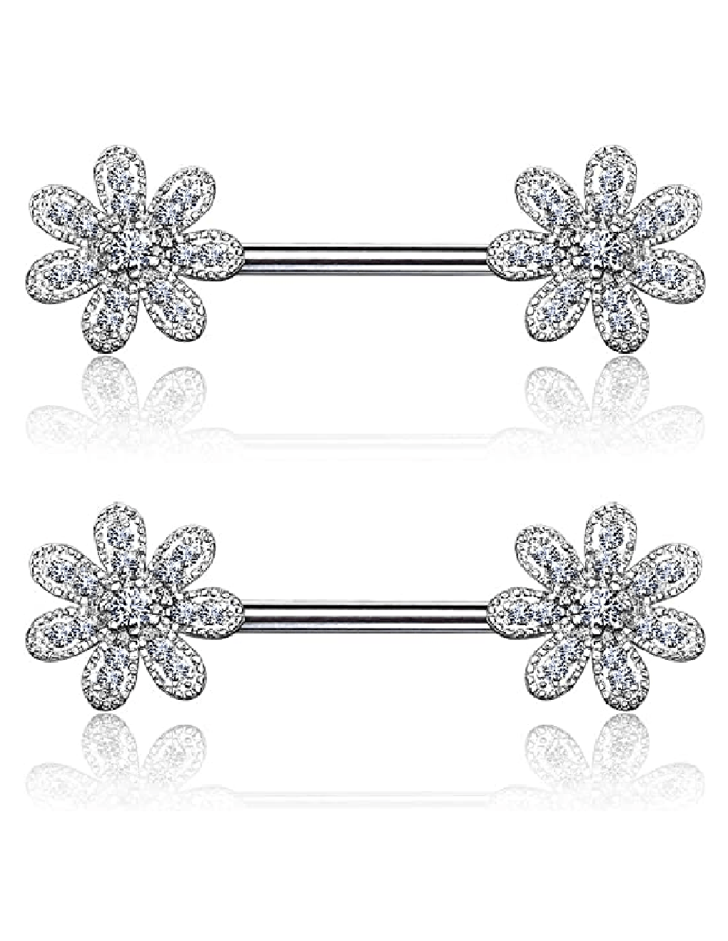 Surgical Steel CZ Gem Paved Flower Nipple Barbell Rings Nipple Ring Impulse Piercings Clear